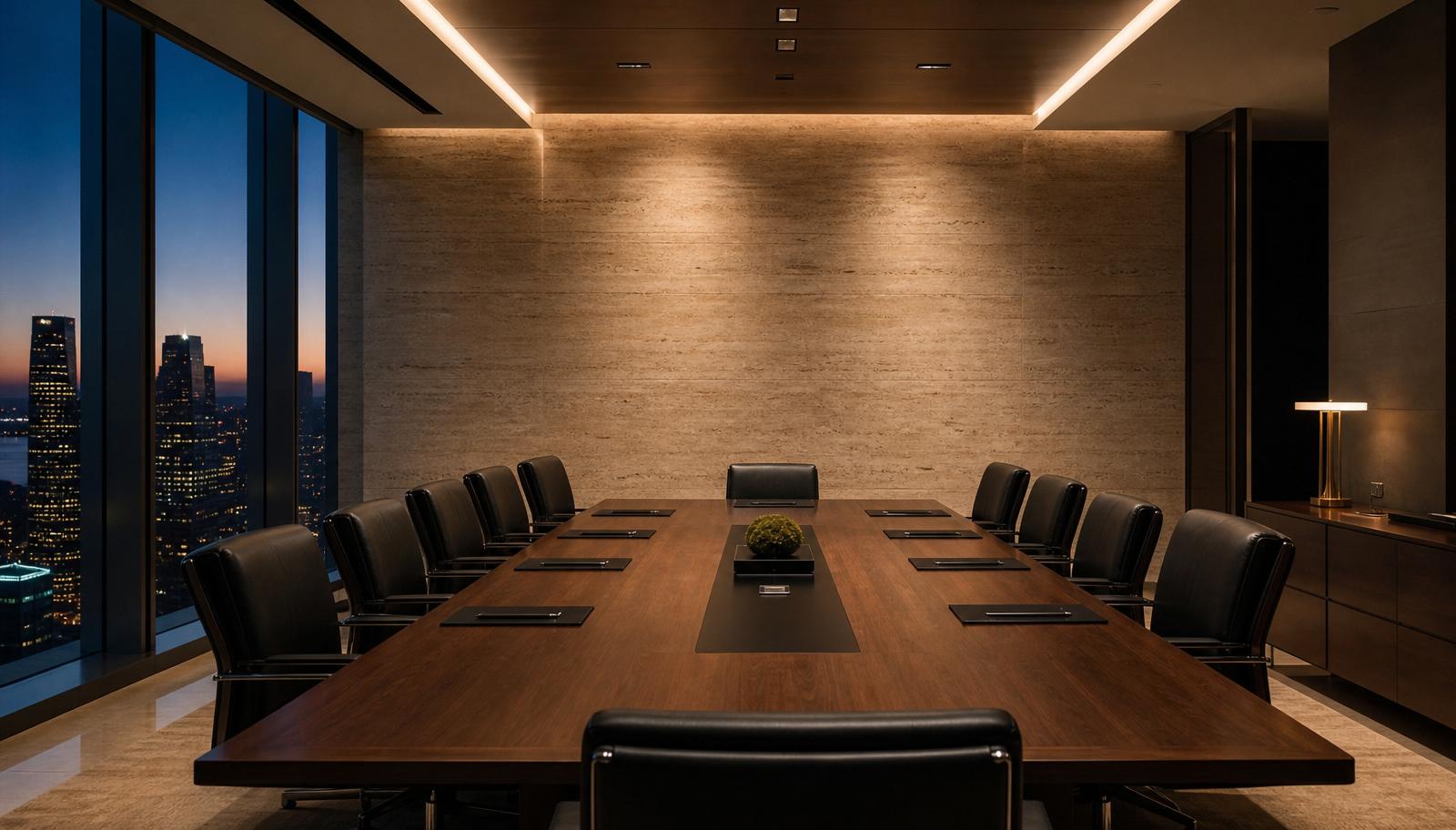 Executive boardroom with a stone feature wall and downtown skyline view