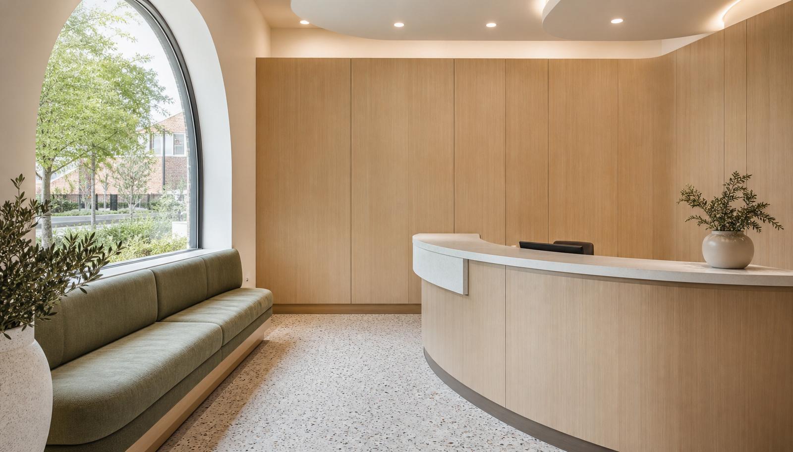 Modern dental reception with a clean feature wall, pale oak millwork and sage upholstery