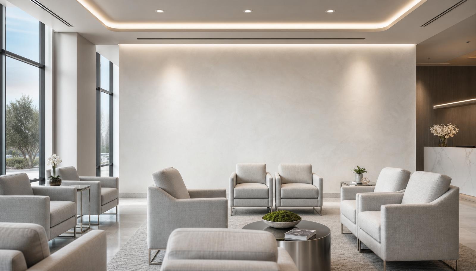 Premium ophthalmology lounge with a clean feature wall and cool daylight