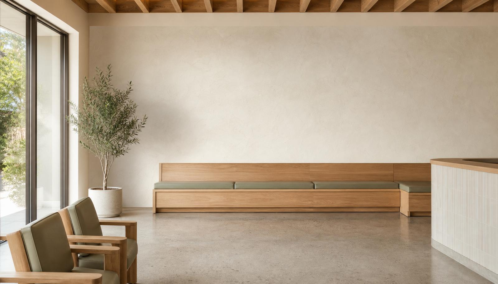 Modern primary care waiting area with a clean feature wall and pale sage accents