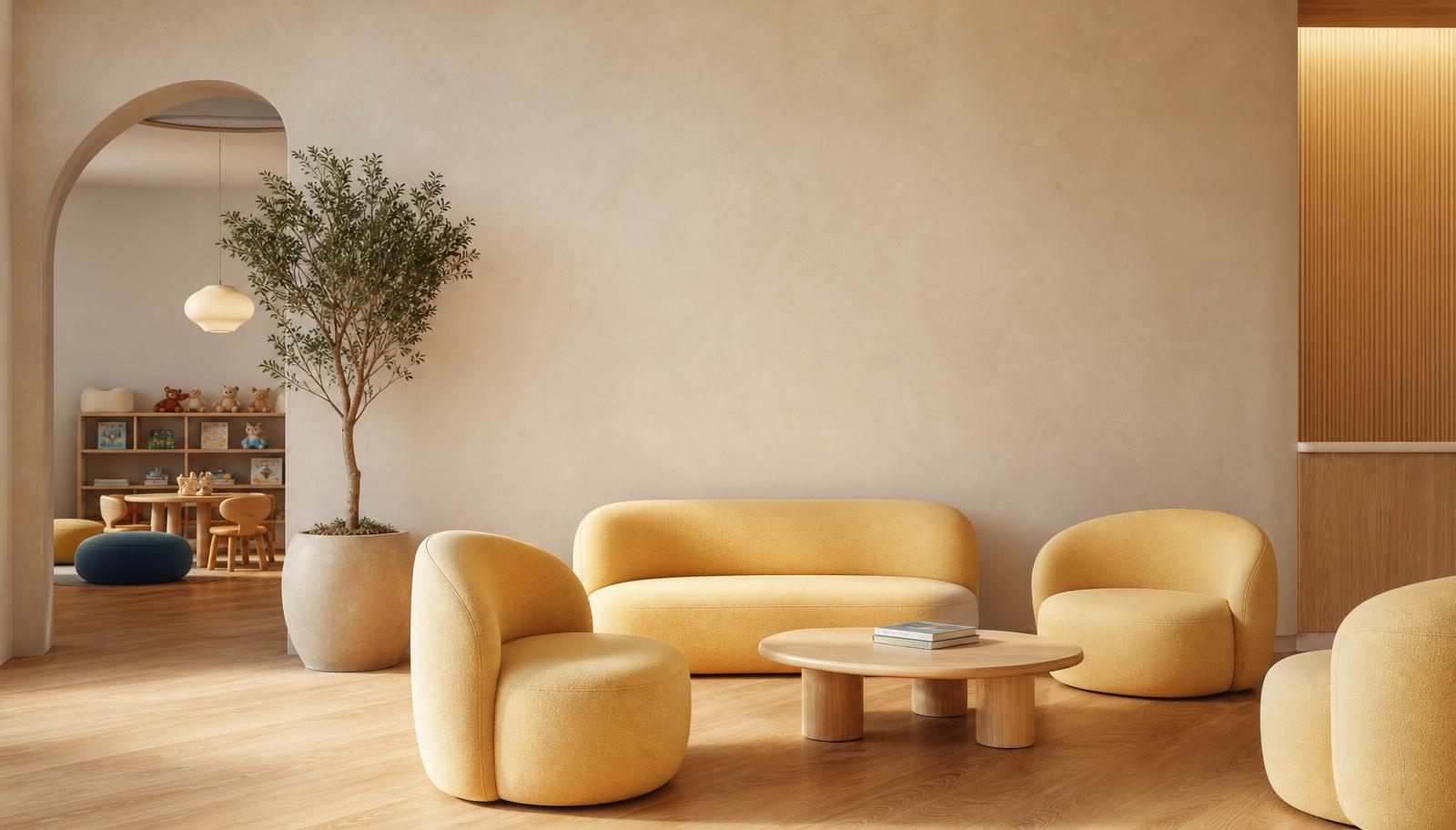 Calm modern pediatric waiting lounge with a clean feature wall and rounded soft furniture