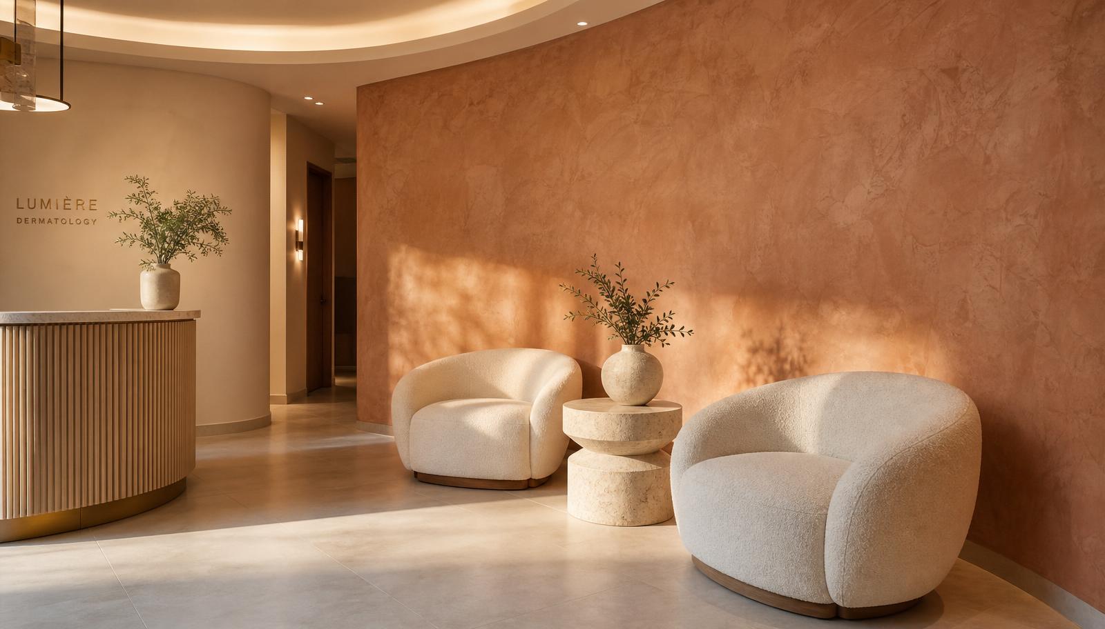 Upscale dermatology waiting area with a clean feature wall in a warm terracotta interior