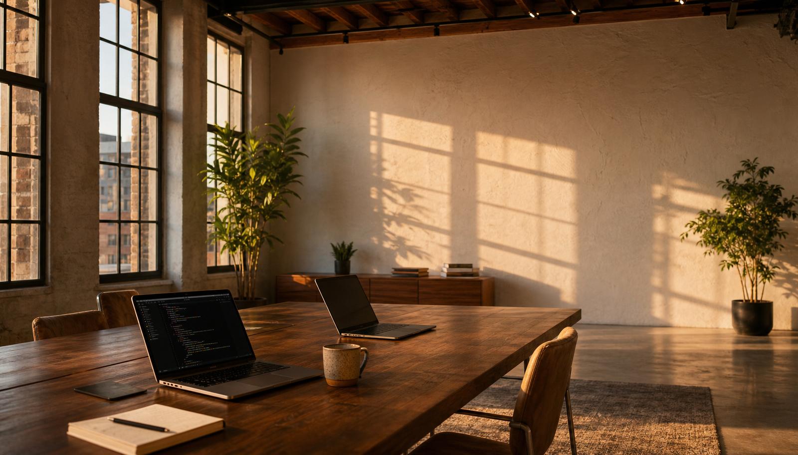 Quiet modern software studio at golden hour with laptops on a walnut table and a clean plaster wall