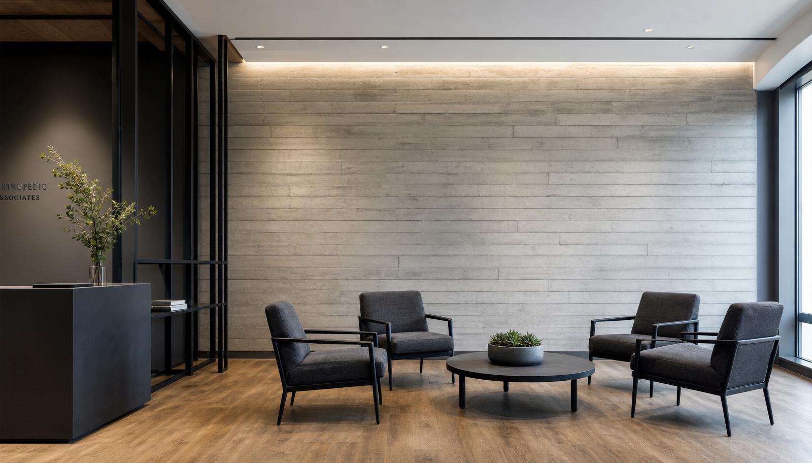 Modern orthopedic clinic waiting area with a clean feature wall and matte black steel