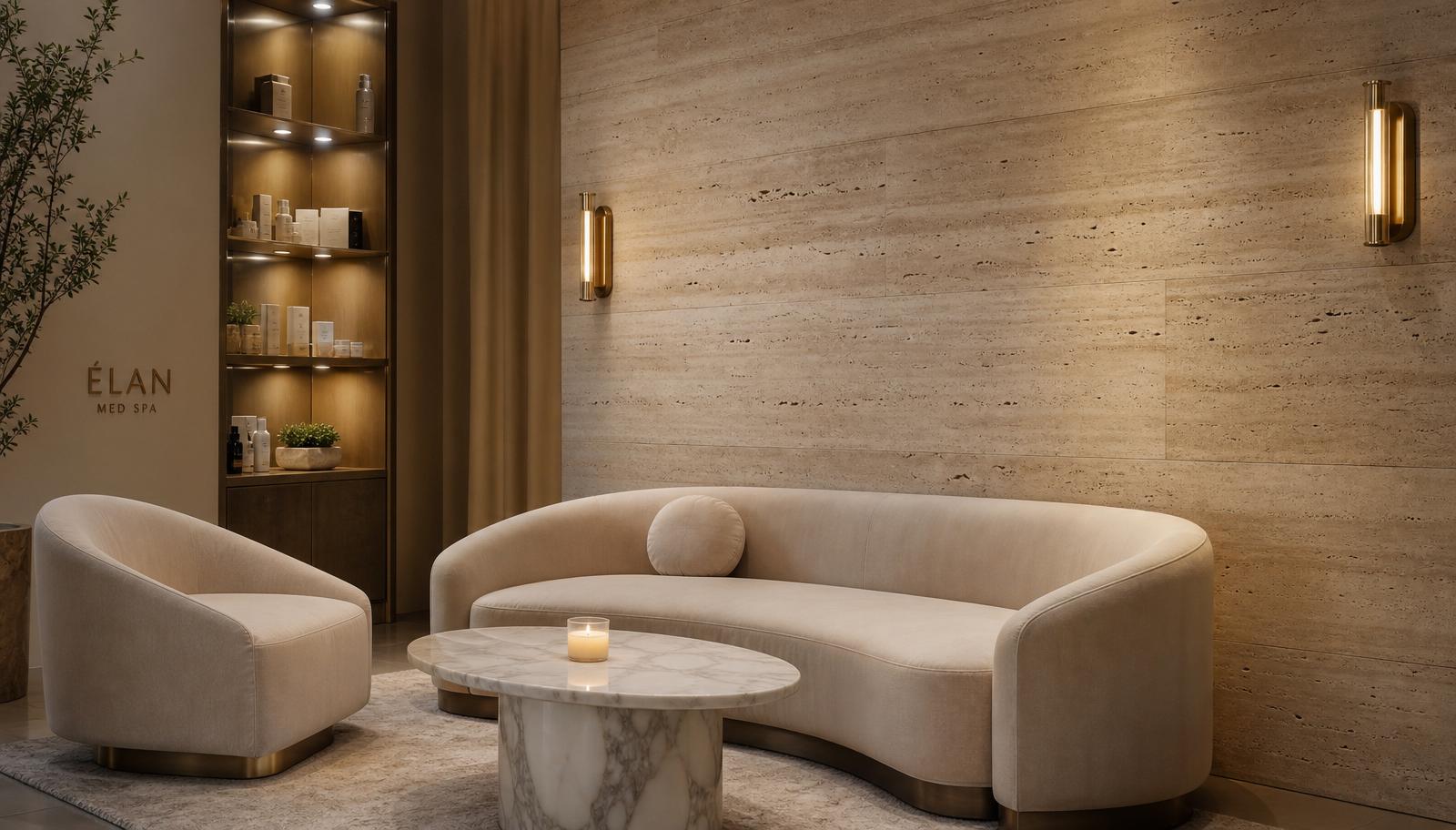 Luxury med-spa lounge with a clean feature wall on a travertine wall