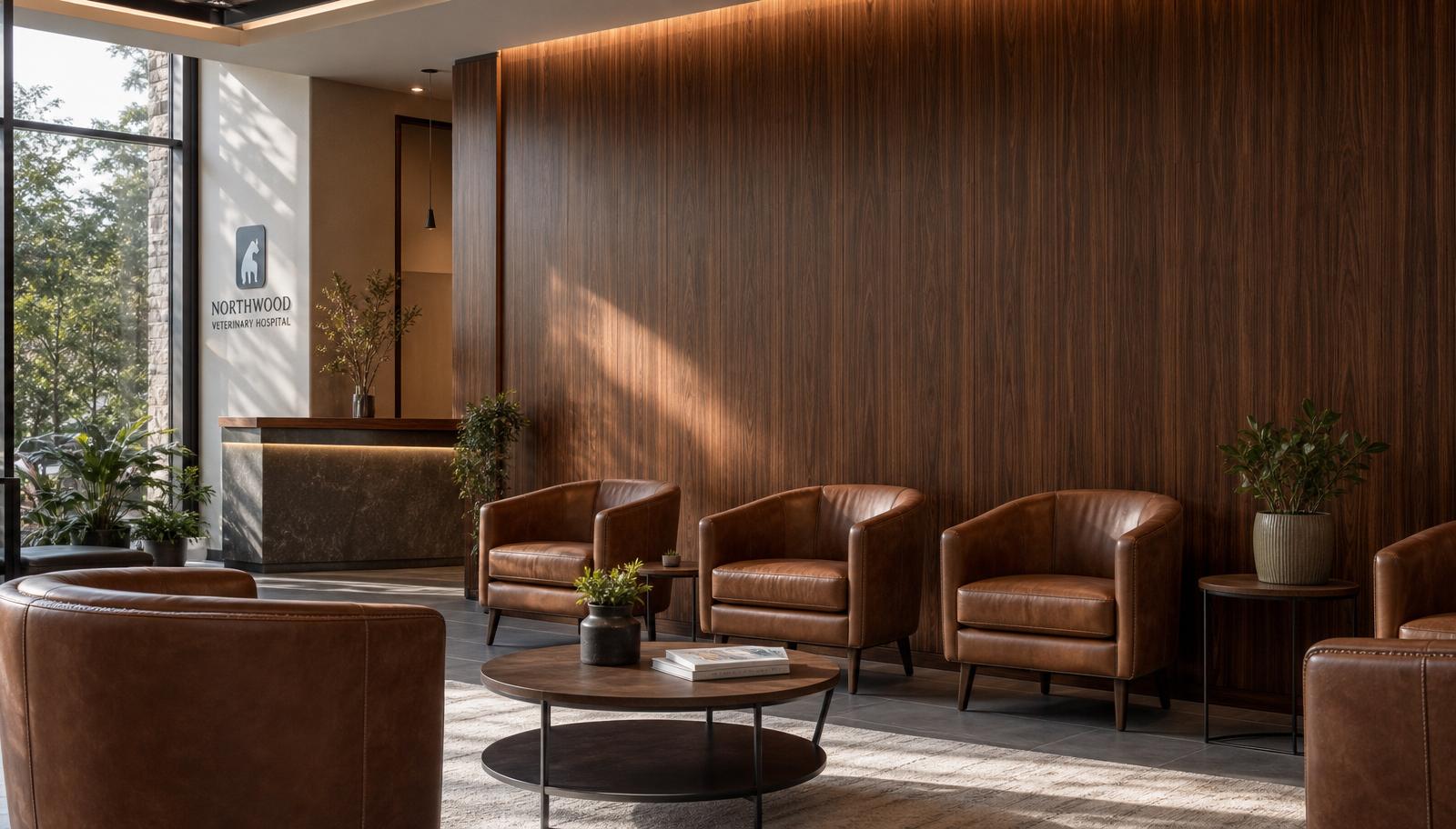 Upscale veterinary hospital waiting lounge with a clean feature wall on a walnut wall