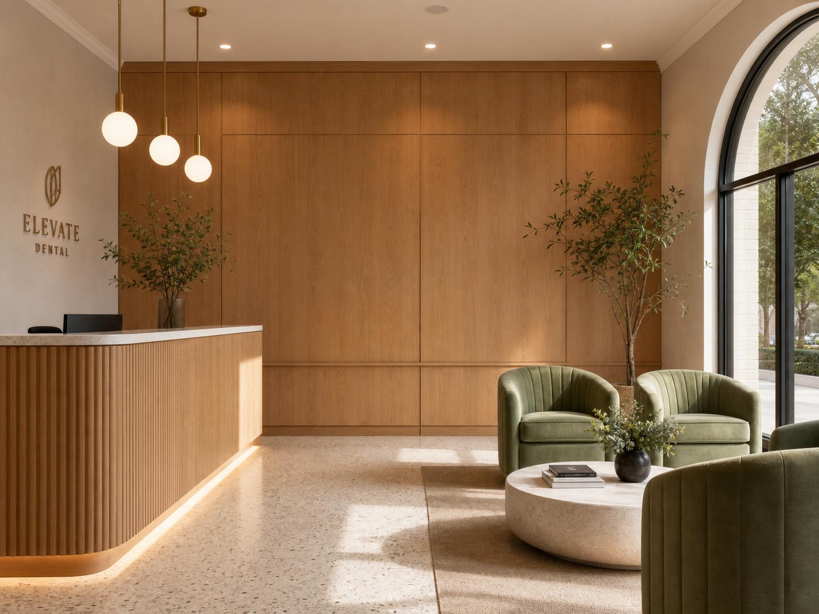Dental clinic waiting lounge with a clean oak feature wall