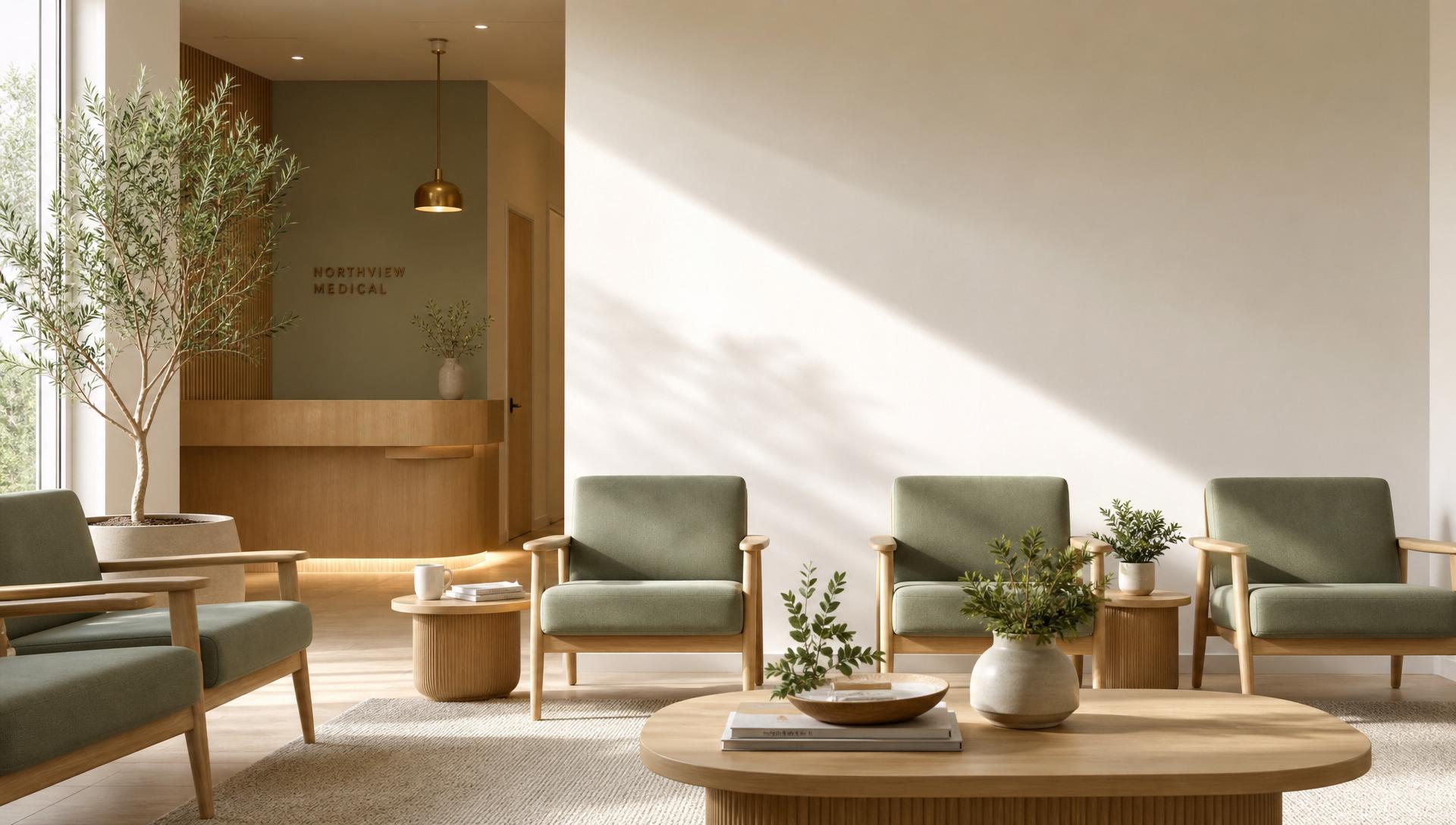 Modern medical waiting room, warm oak millwork, sage lounge chairs, clean feature wall